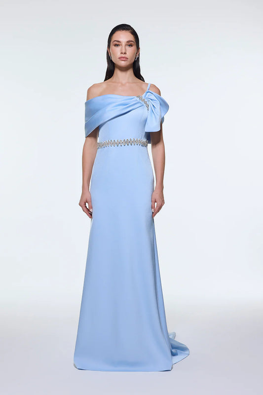 TAŞ İŞLEMELİ KEMER DETAYLI UZUN ABİYE ELBİSE - 9294C