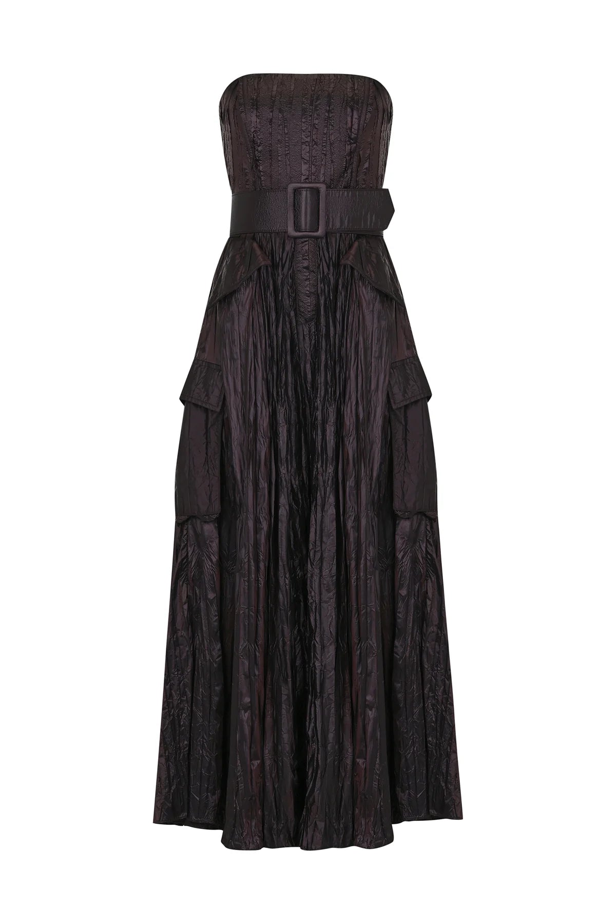 KEMER DETAYLI CEPLİ STRAPLEZ PARLAK UZUN ABİYE ELBİSE 1173