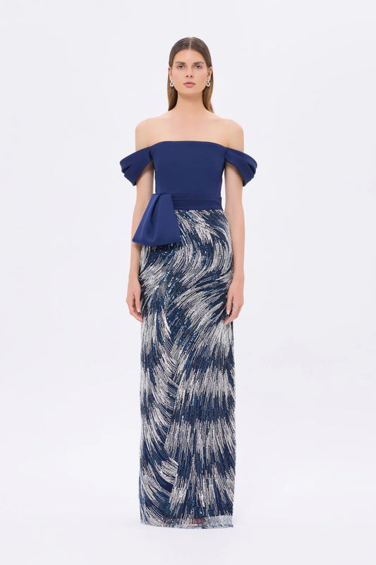 DÜŞÜK OMUZ YIRTMAÇ DETAYLI UZUN ABİYE ELBİSE - 9308C