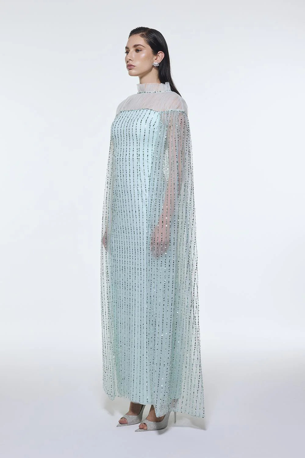 DİK YAKA TAŞ İŞLEMELİ TÜL UZUN ABİYE ELBİSE - 9400C