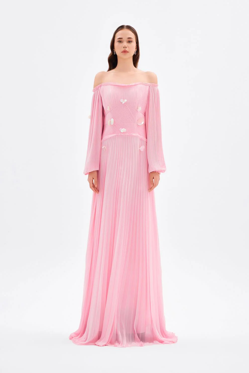 PAPATYA İŞLEMELİ DÜŞÜK KOLLU UZUN ABİYE ELBİSE - 2043C