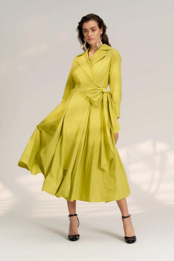 Kruvaze Tafta Elbise - Lime