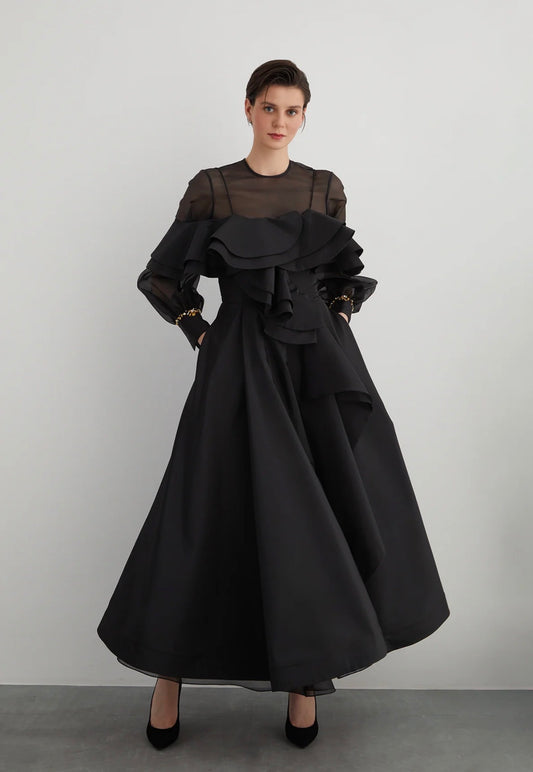 Çıkarılabilir Transparan Bluz Detaylı Manşeti İşlemeli Askılı Elbise