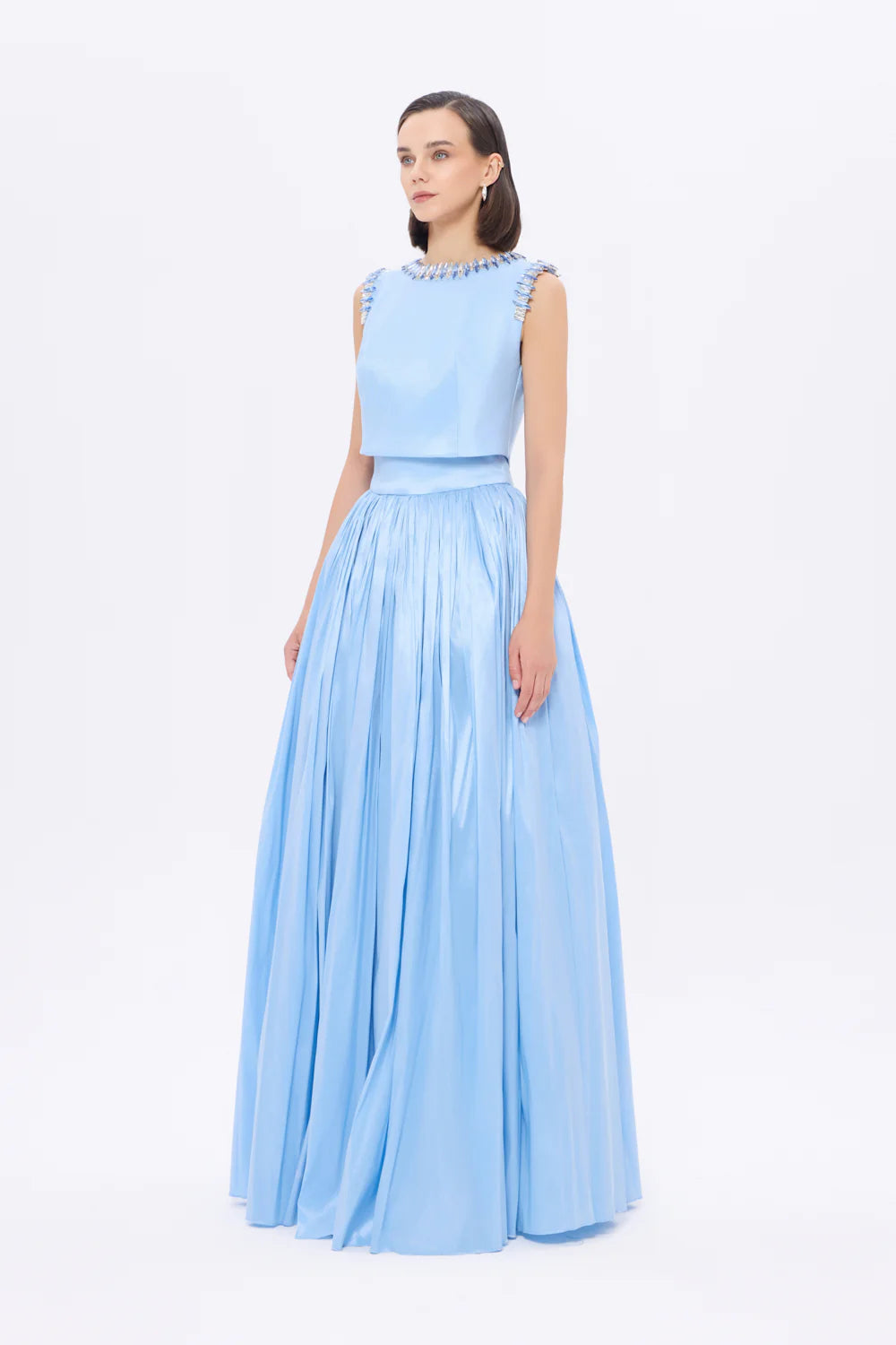 TAŞ İŞLEME DETAYLI TAFTA UZUN ABİYE ELBİSE - 9131C