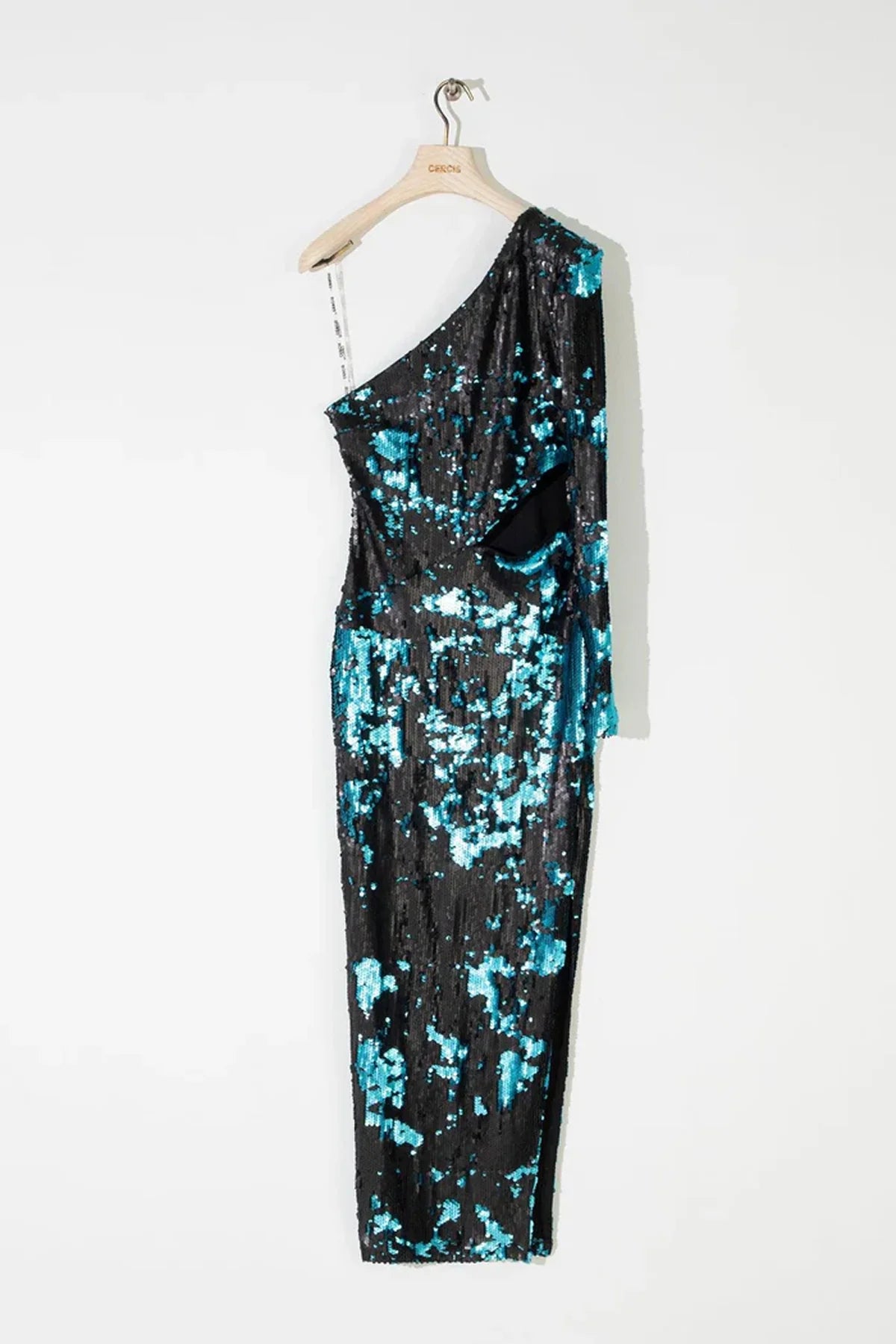 SİYAH TURKUAZ PAYETLİ TEK KOLLU YIRTMAÇLI MİDİ BOY ELBİSE