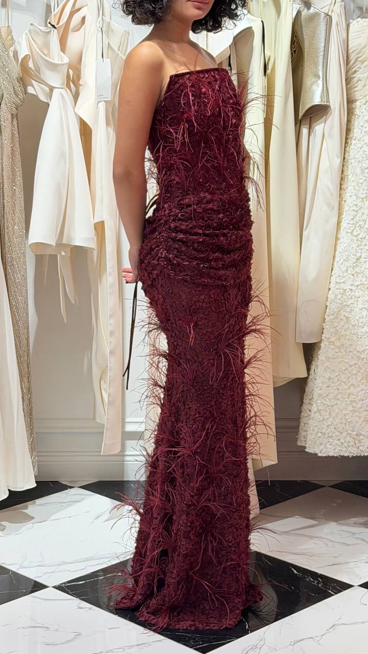 KORSAJLI TÜY DETAYLI STRAPLEZ UZUN ABİYE  ELBISE 1258