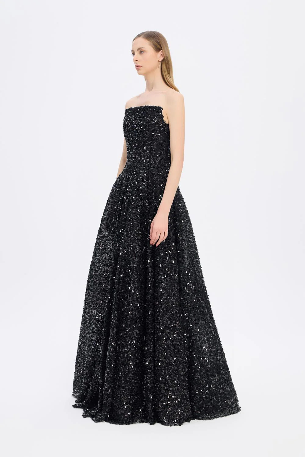 PAYET İŞLEMELİ STRAPLEZ UZUN ABİYE ELBİSE - 9331C