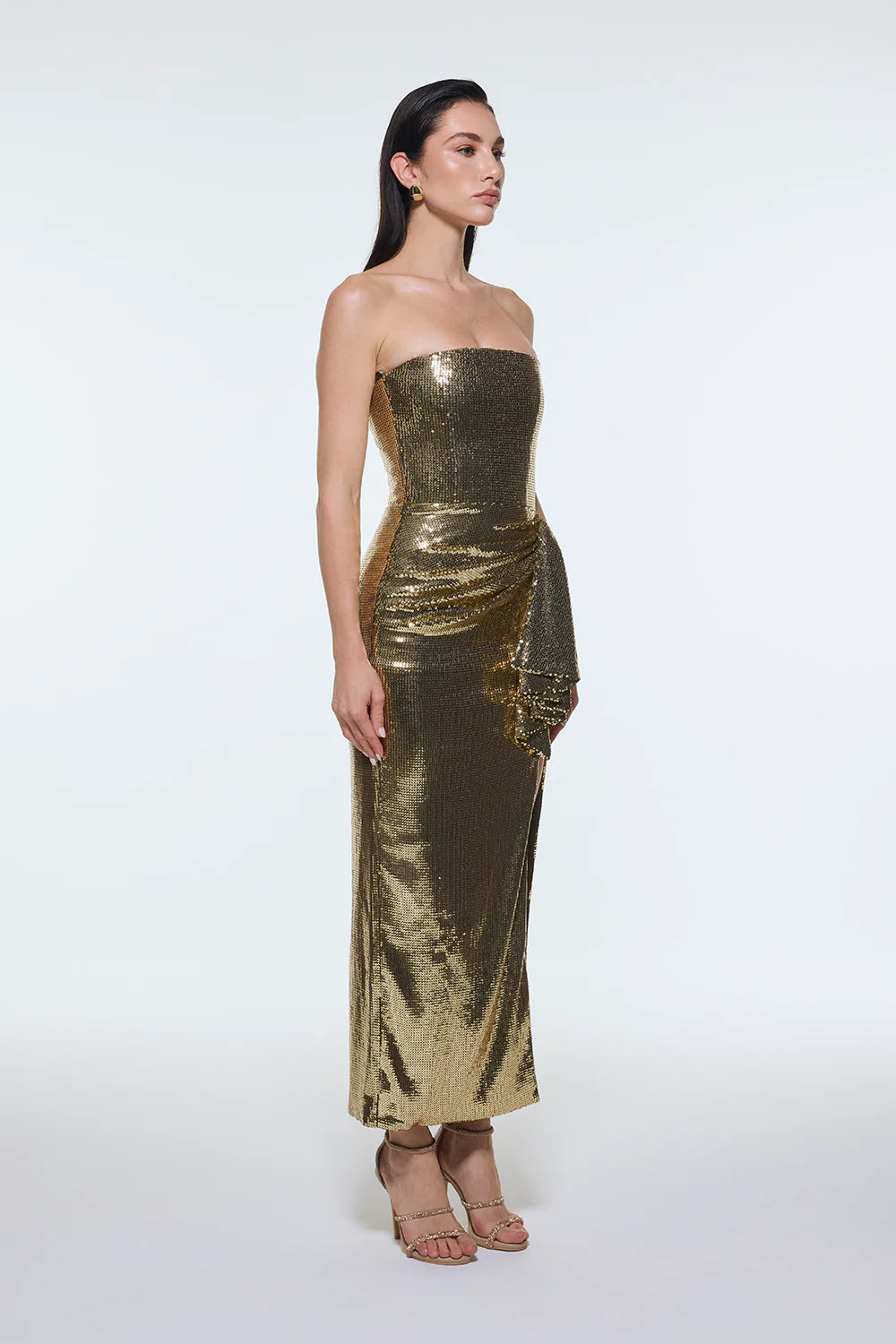 BEL ÖRTÜ DETAYLI STRAPLEZ MİDİ ABİYE ELBİSE - 9295C