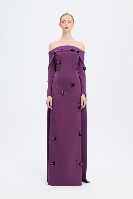 KAYIK YAKA AKSESUAR DETAYLI UZUN ABİYE ELBİSE - 01026C