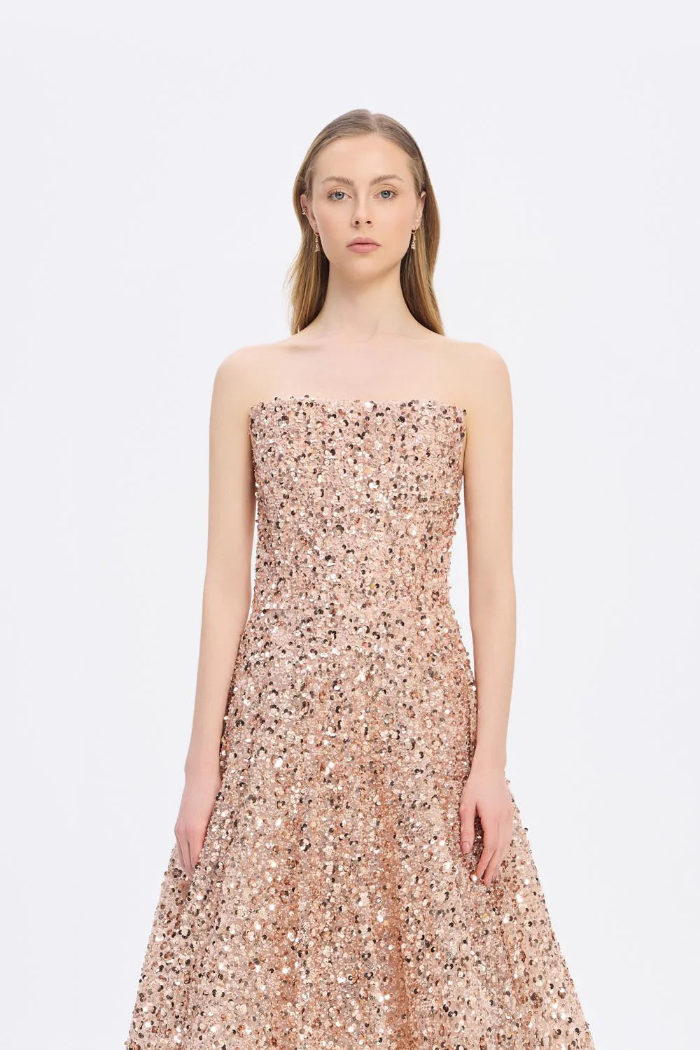 PAYET İŞLEMELİ STRAPLEZ UZUN ABİYE ELBİSE - 9331C