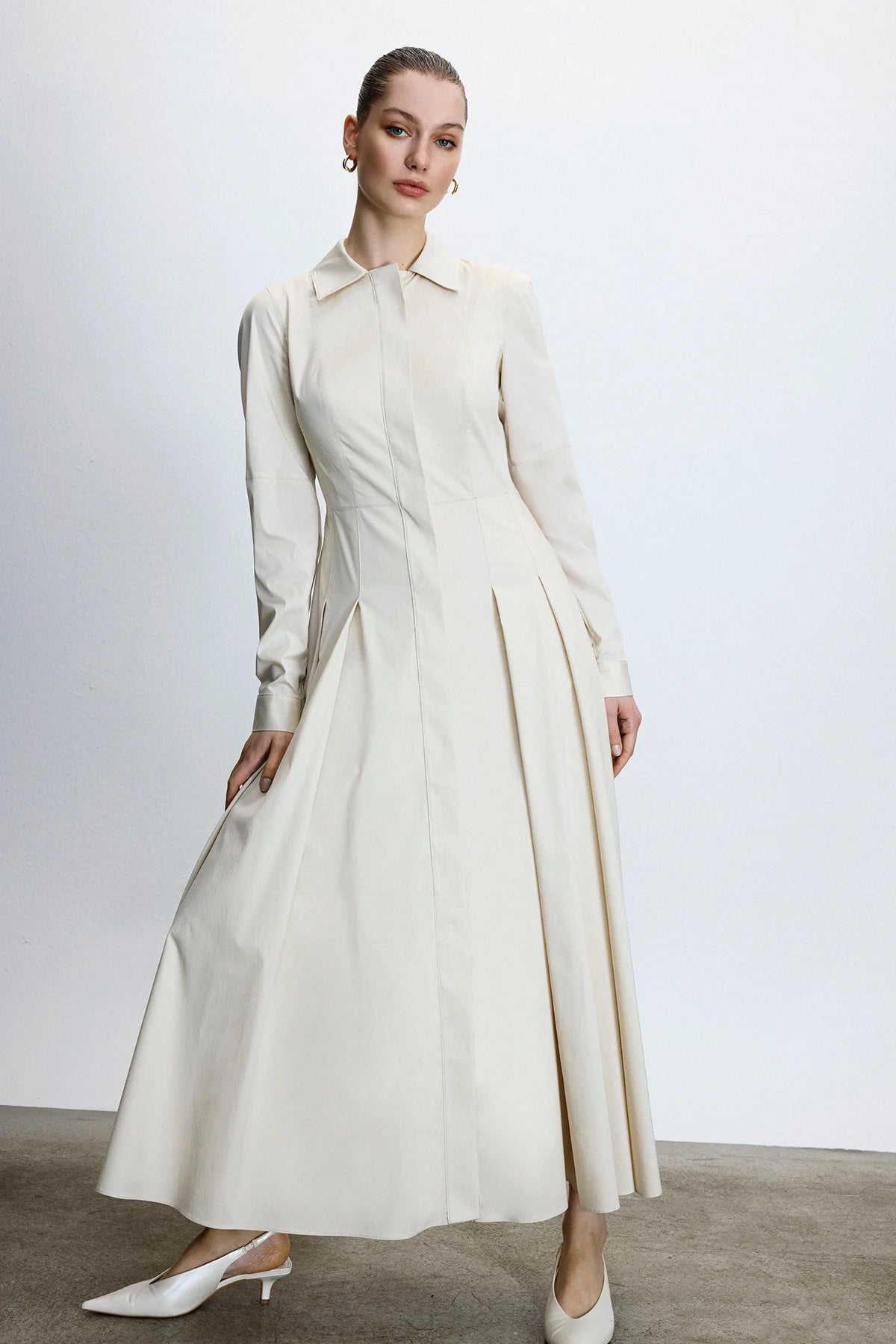 GÖMLEK YAKA BEL KUŞAKLI MİDİ ELBİSE 9117