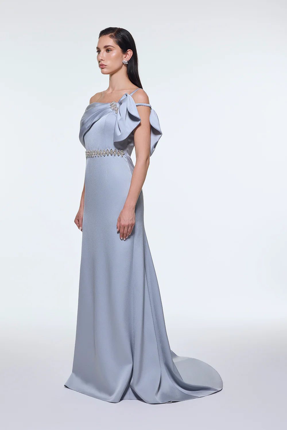 TAŞ İŞLEMELİ KEMER DETAYLI UZUN ABİYE ELBİSE - 9294C