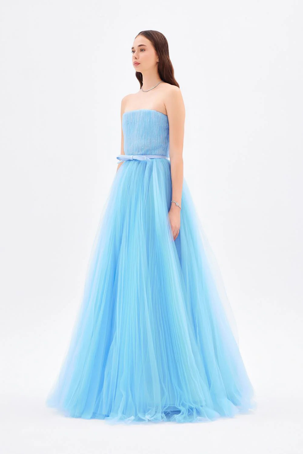 STRAPLEZ YAKA PİLİSELİ UZUN ABİYE ELBİSE - 9198C