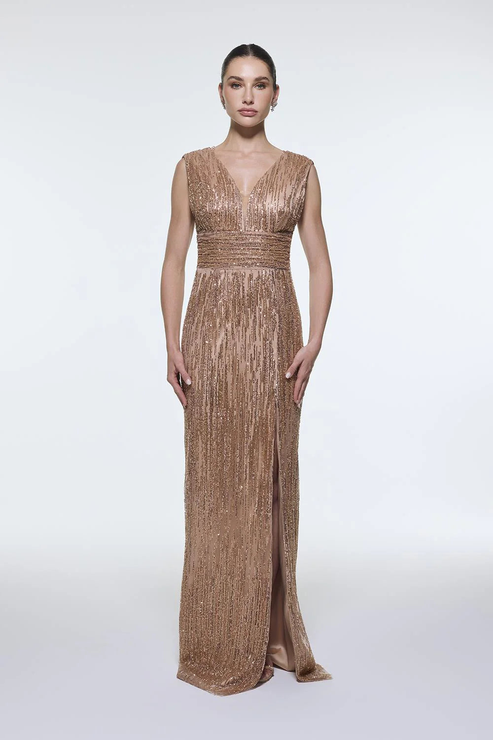 V YAKALI KOLSUZ TAŞ İŞLEMELİ ABİYE ELBİSE - 9349C