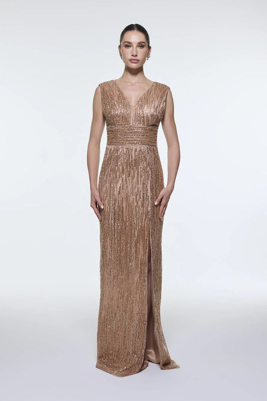 V YAKALI KOLSUZ TAŞ İŞLEMELİ ABİYE ELBİSE - 9349C