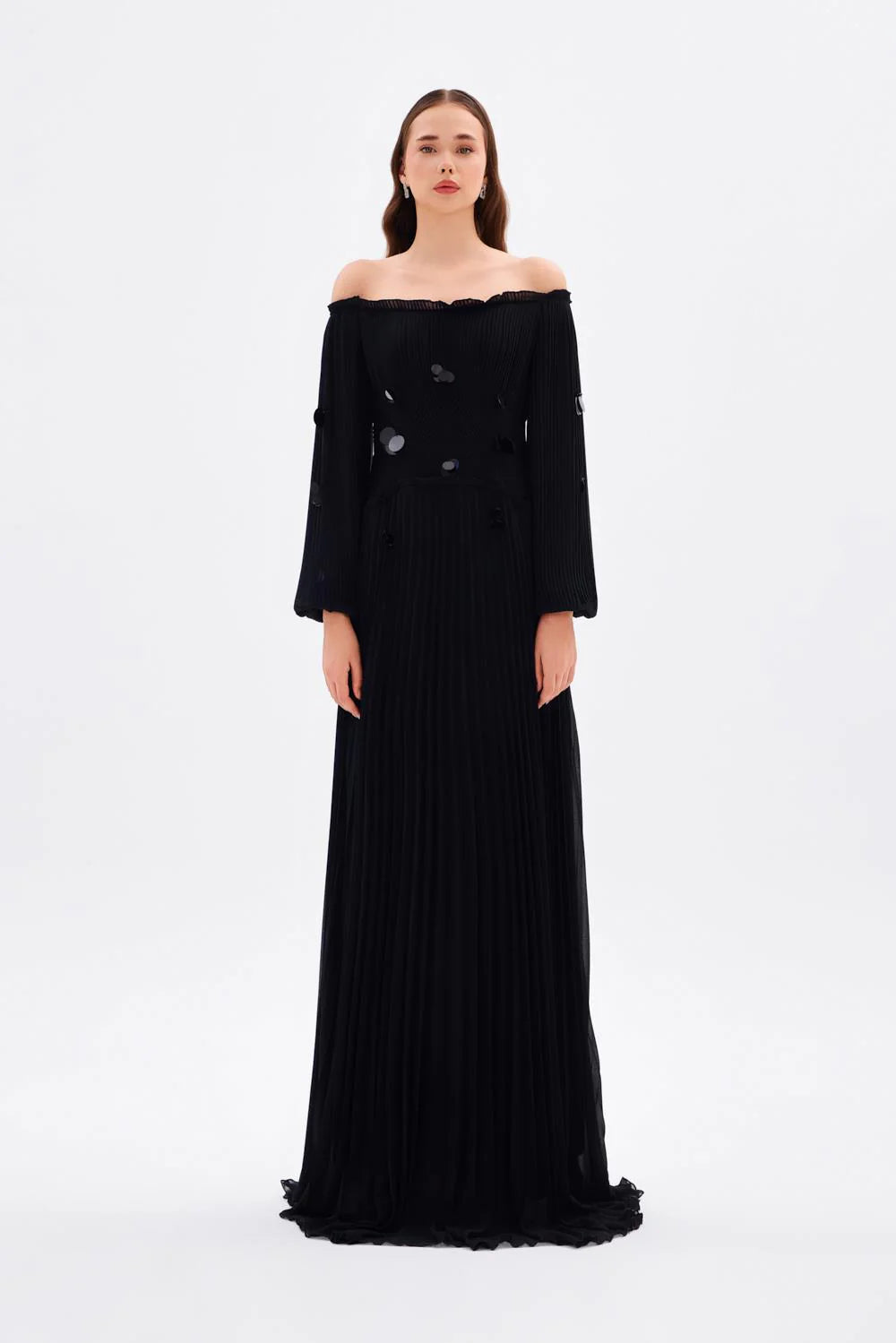 PAPATYA İŞLEMELİ DÜŞÜK KOLLU UZUN ABİYE ELBİSE - 2043C