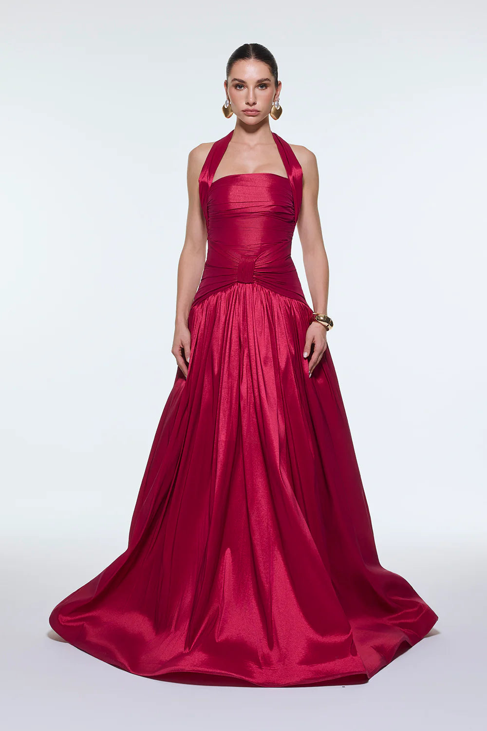 BOYUNDAN ASKILI DRAPELİ TAFTA UZUN ABİYE ELBİSE - 9280C