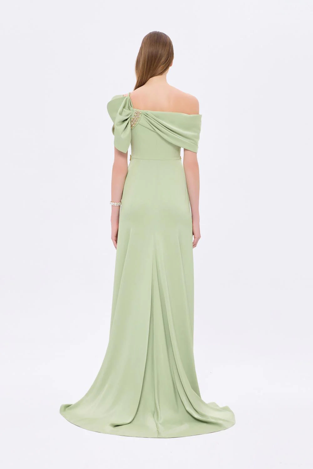 TAŞ İŞLEMELİ KEMER DETAYLI UZUN ABİYE ELBİSE - 9294C