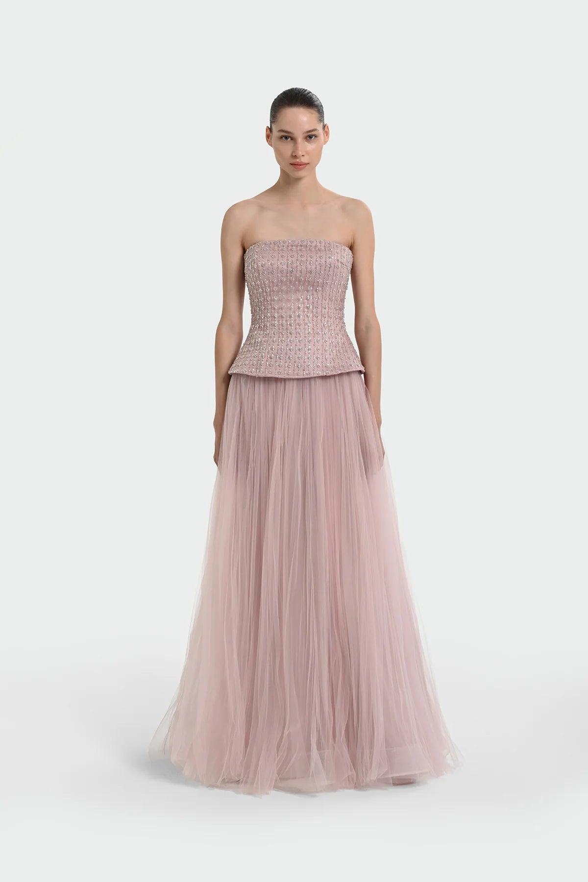 STRAPLEZ TAŞ İŞLEMELİ ETEK TÜL ABİYE ELBİSE 1369