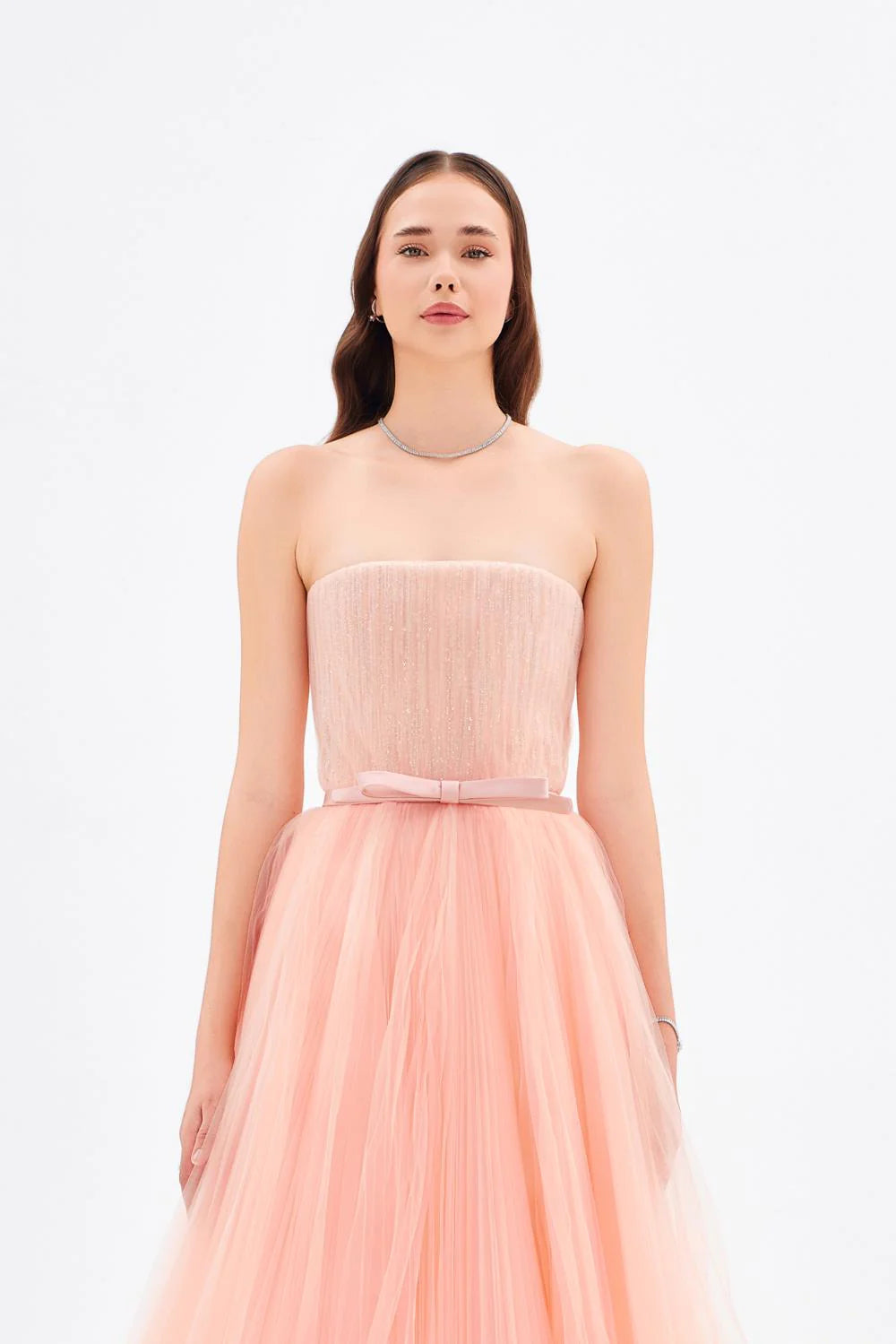 STRAPLEZ YAKA PİLİSELİ UZUN ABİYE ELBİSE - 9198C