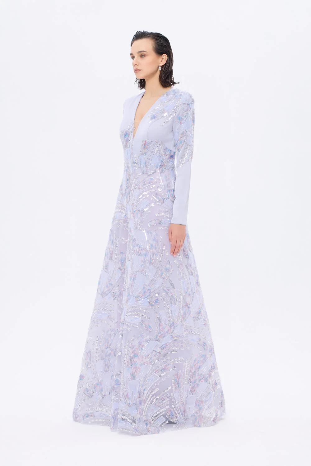 V YAKA İŞLEME DETAYLI UZUN KOLLU UZUN ABİYE ELBİSE - AP0023