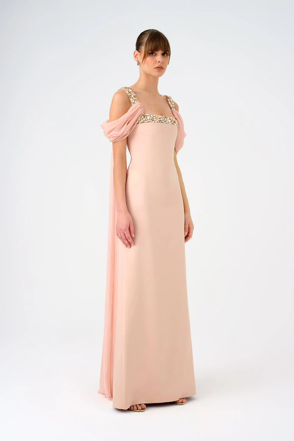 ŞİFON PELERİNLİ TAŞ İŞLEMELİ ASKILI UZUN ABİYE ELBİSE - 9053C