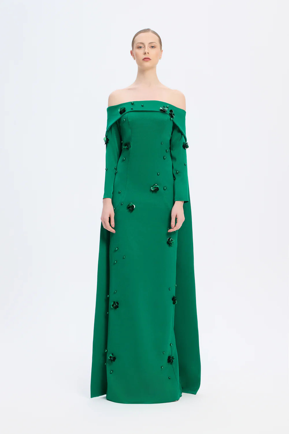 KAYIK YAKA AKSESUAR DETAYLI UZUN ABİYE ELBİSE - 01026C