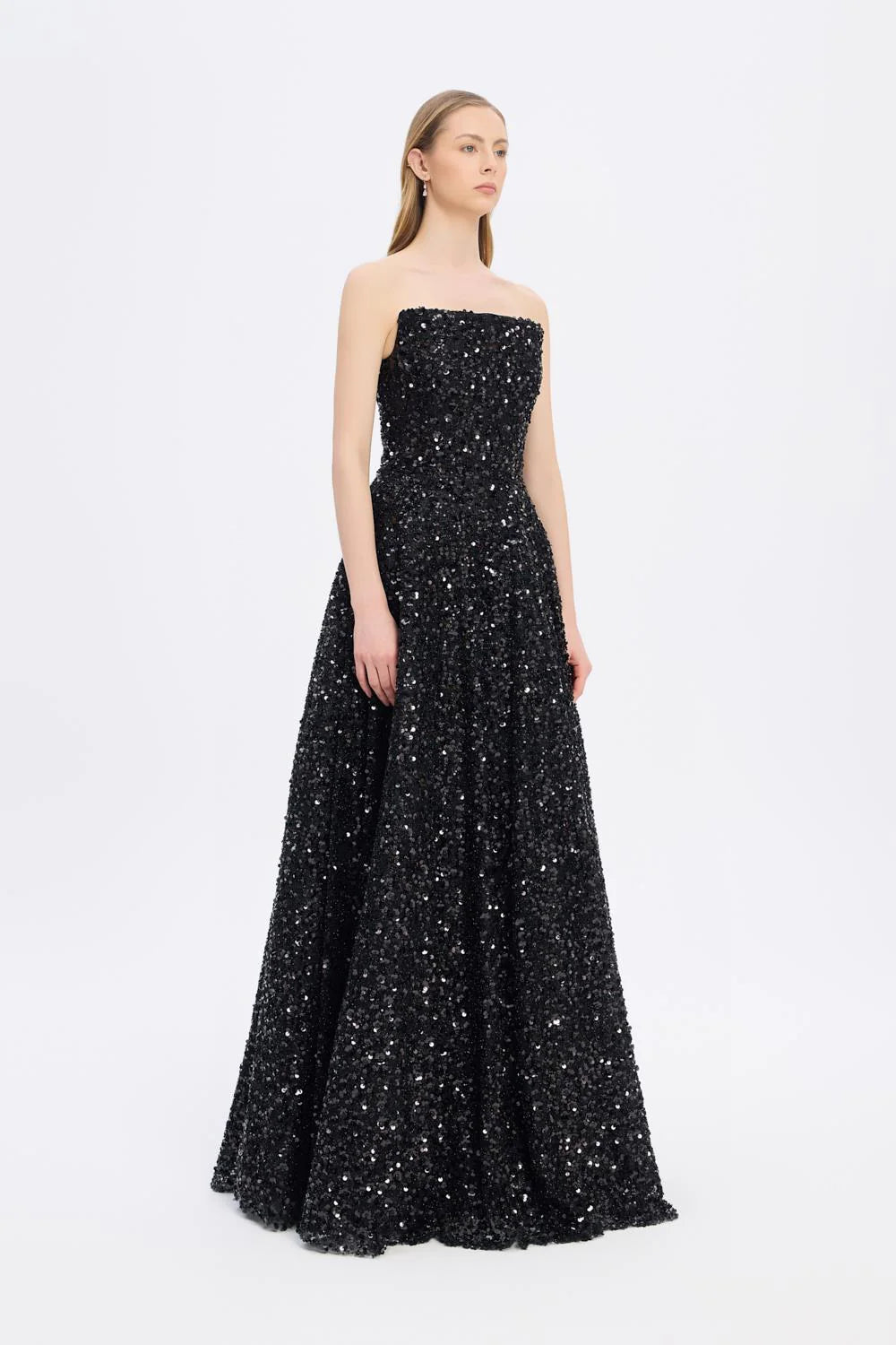 PAYET İŞLEMELİ STRAPLEZ UZUN ABİYE ELBİSE - 9331C