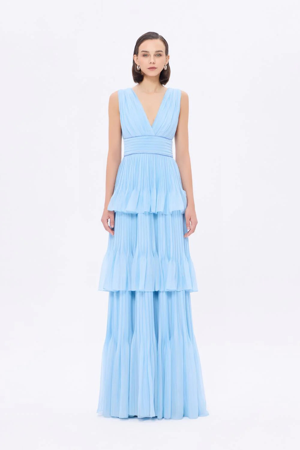 V YAKA VOLANLI ŞİFON UZUN ABİYE ELBİSE - 9274C