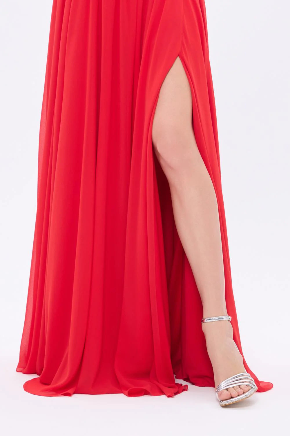 STRAPLEZ YAKA BEL DRAPELİ ŞİFON UZUN ABİYE ELBİSE - 9288C,