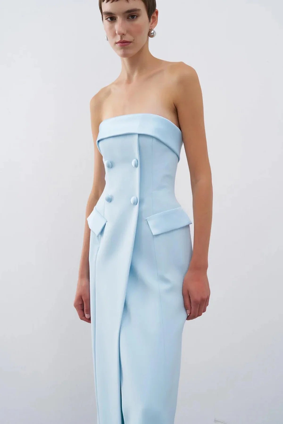 STRAPLEZ CEP KAPAKLI UZUN ABİYE ELBİSE