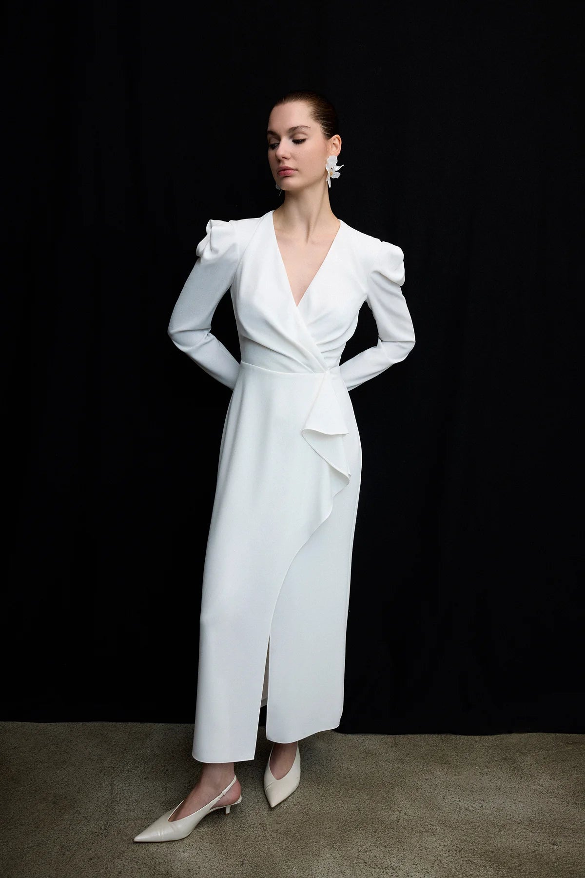 V YAKA UZUN KOLLU  DRAPELİ MİDİ ABİYE ELBİSE 1180