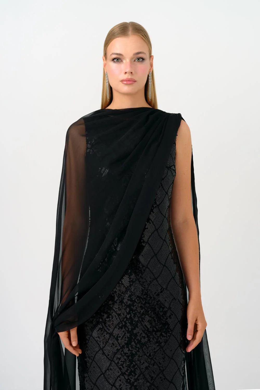 KAYIK YAKA PELERİNLİ PAYET UZUN ABİYE ELBİSE - 9038C