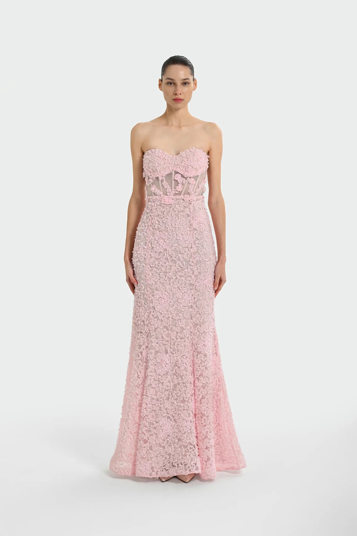 STRAPLEZ ÜÇ BOYUT ÇİÇEKLİ ABİYE ELBİSE 1338