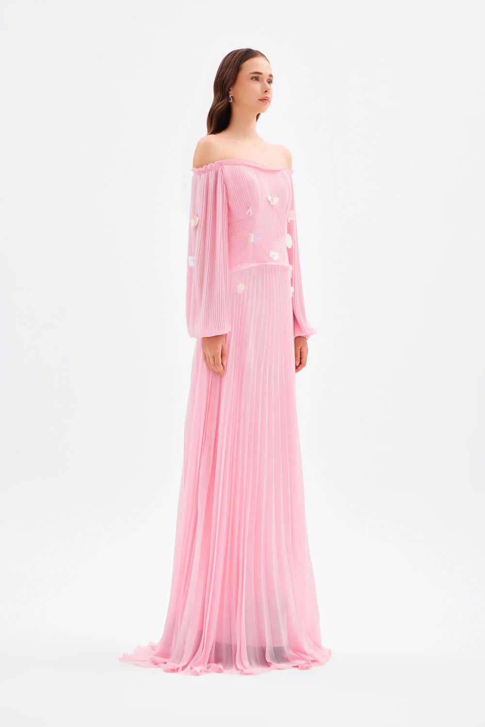 PAPATYA İŞLEMELİ DÜŞÜK KOLLU UZUN ABİYE ELBİSE - 2043C