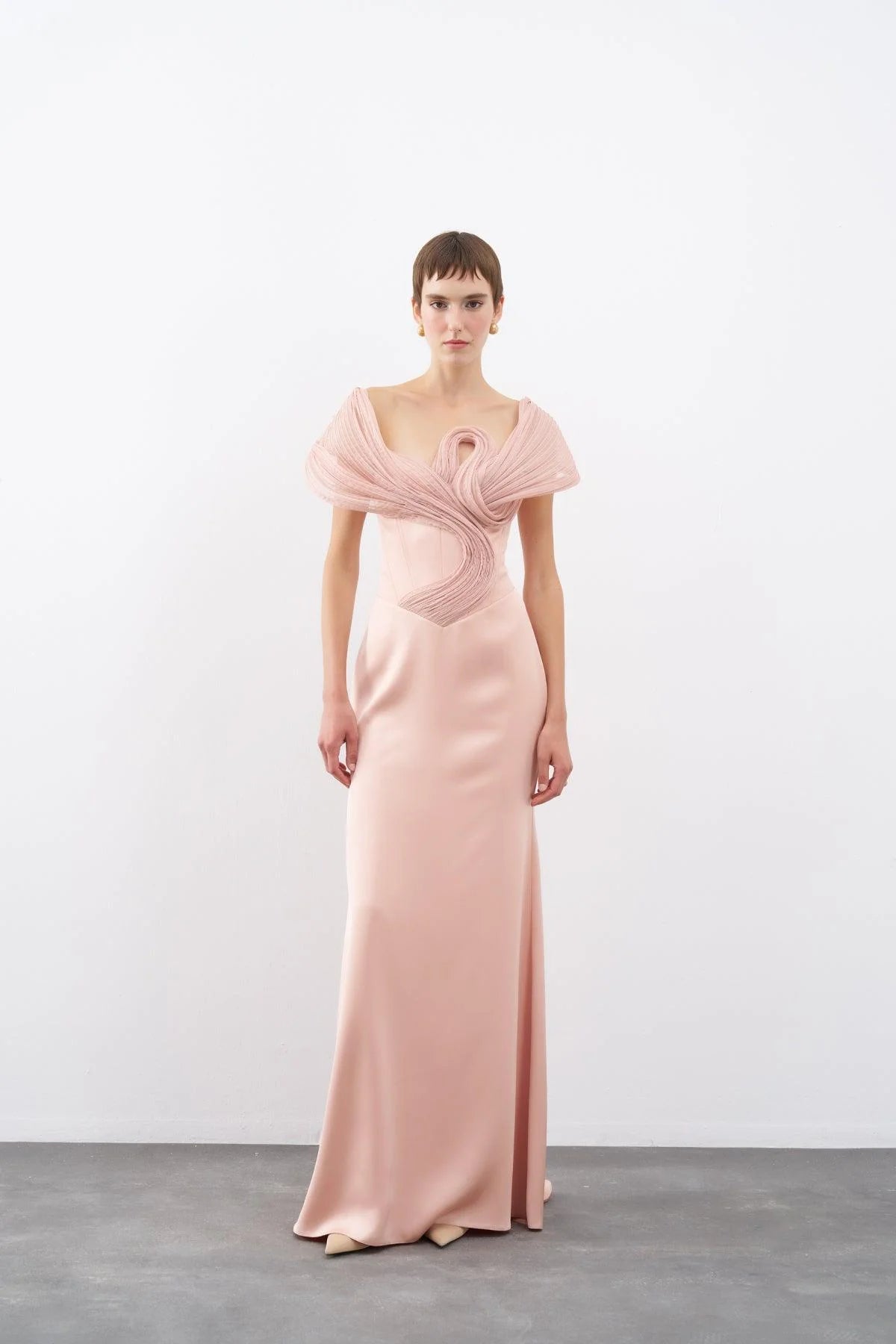 STRAPLEZ DÜŞÜK OMUZLU ORGANZE DETAYLI UZUN ABİYE ELBİSE 2246