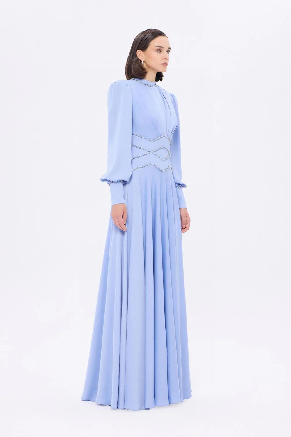 TAŞ İŞLEMELİ DİK YAKA SATEN UZUN ABİYE ELBİSE - 9219C