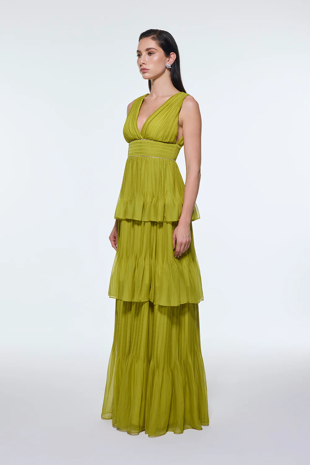 V YAKA VOLANLI ŞİFON UZUN ABİYE ELBİSE - 9274C