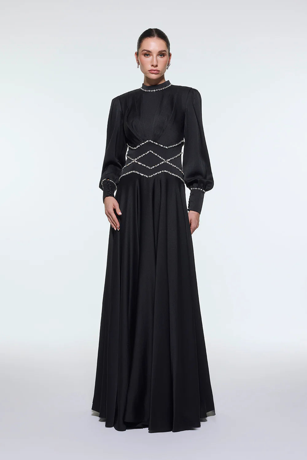 TAŞ İŞLEMELİ DİK YAKA SATEN UZUN ABİYE ELBİSE - 9219C