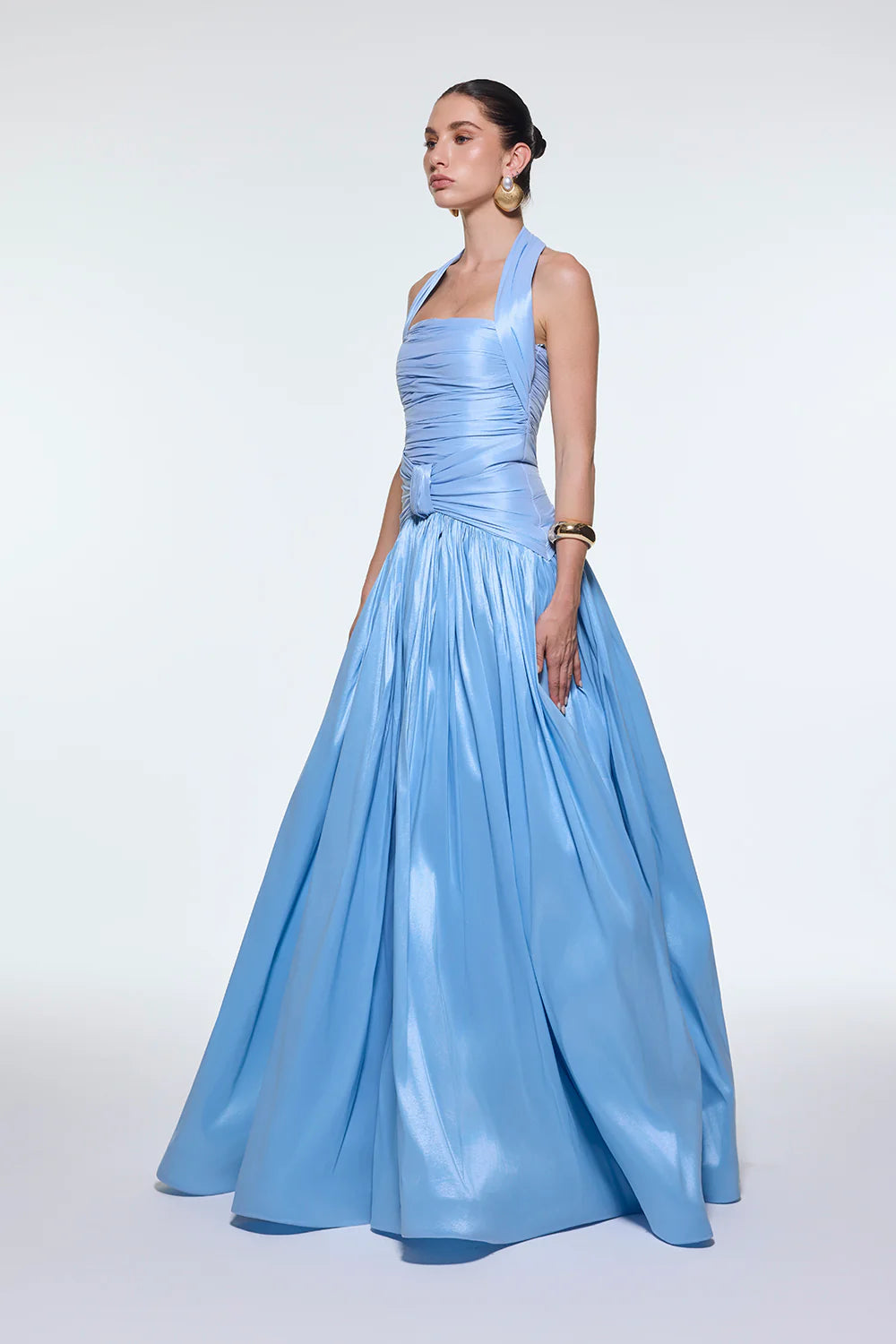 BOYUNDAN ASKILI DRAPELİ TAFTA UZUN ABİYE ELBİSE - 9280C