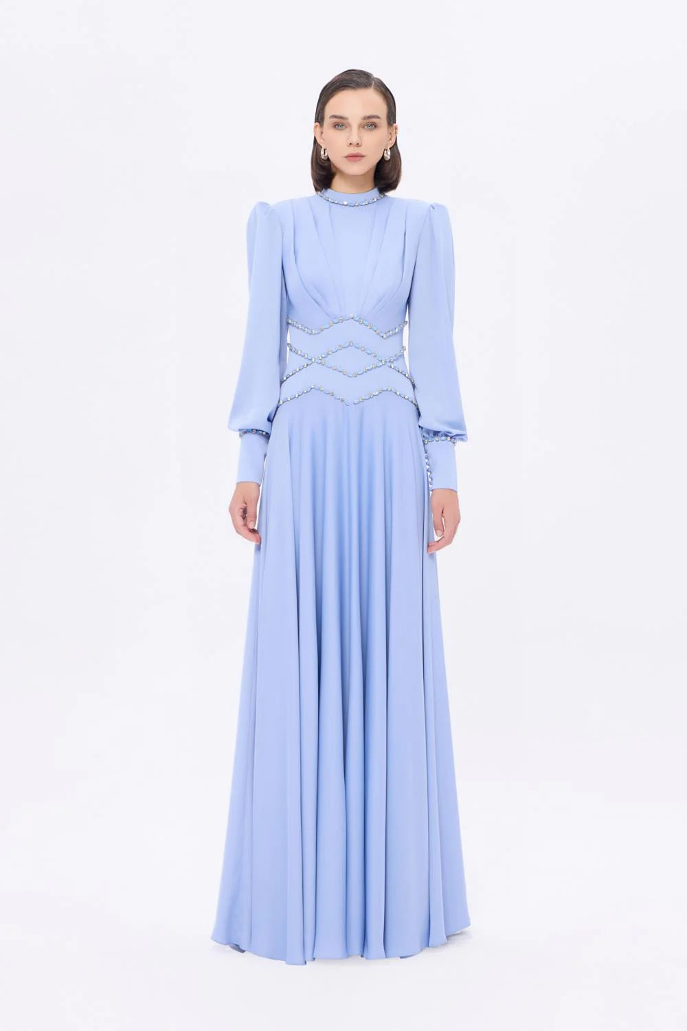 TAŞ İŞLEMELİ DİK YAKA SATEN UZUN ABİYE ELBİSE - 9219C