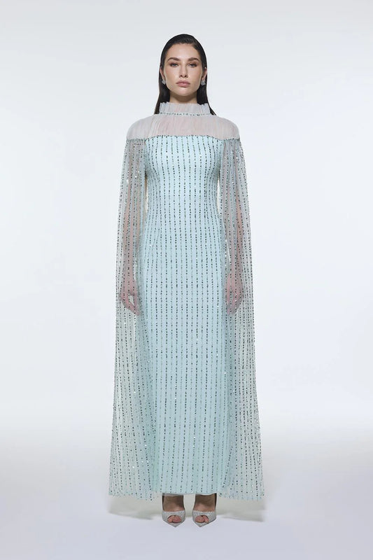 DİK YAKA TAŞ İŞLEMELİ TÜL UZUN ABİYE ELBİSE - 9400C