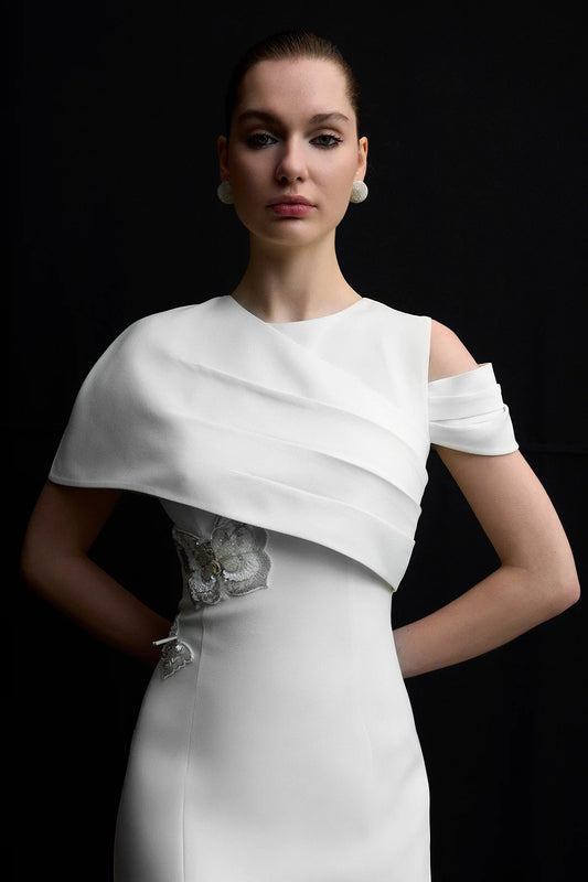 ASIMETRIK DRAPELı BELı İŞLEMELı UZUN ABEYE ELBISSE