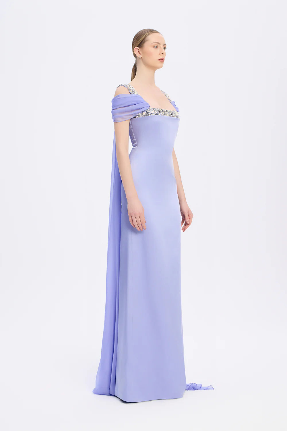 ŞİFON PELERİNLİ TAŞ İŞLEMELİ ASKILI UZUN ABİYE ELBİSE - 9053C