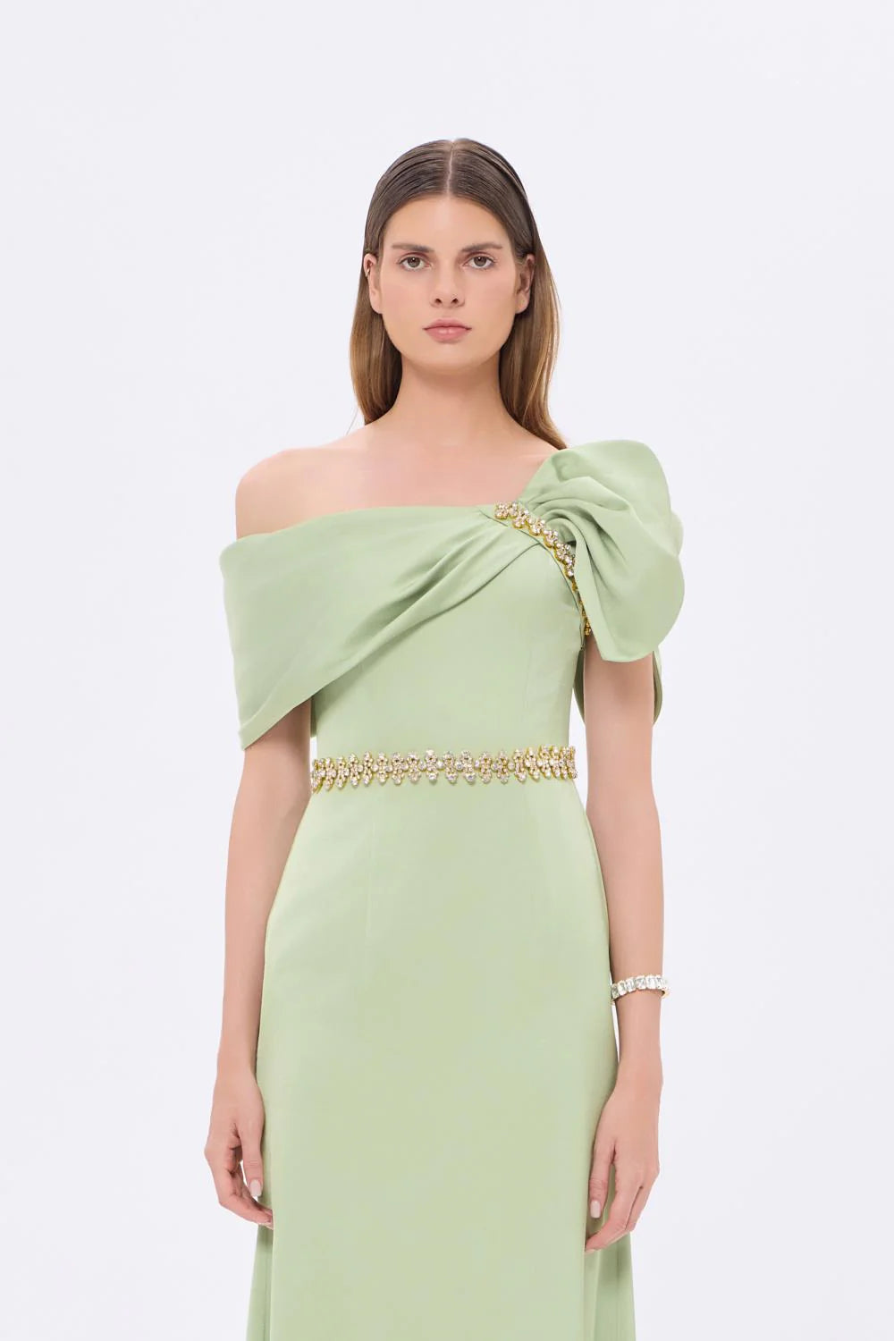 TAŞ İŞLEMELİ KEMER DETAYLI UZUN ABİYE ELBİSE - 9294C