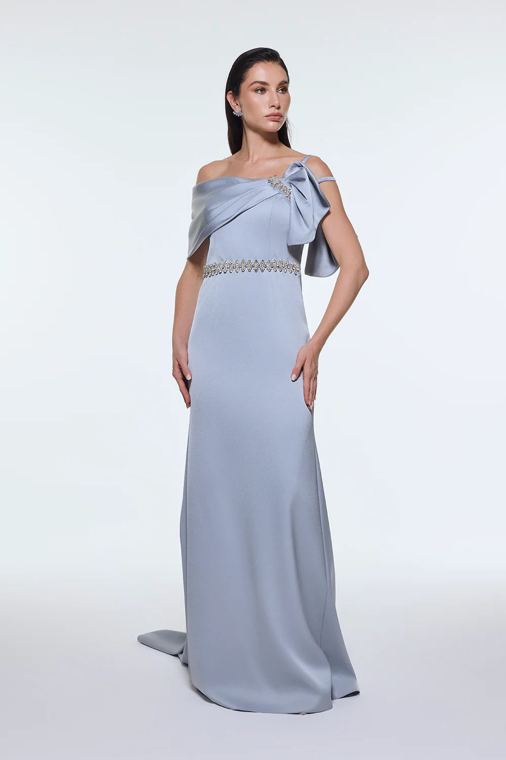 TAŞ İŞLEMELİ KEMER DETAYLI UZUN ABİYE ELBİSE - 9294C