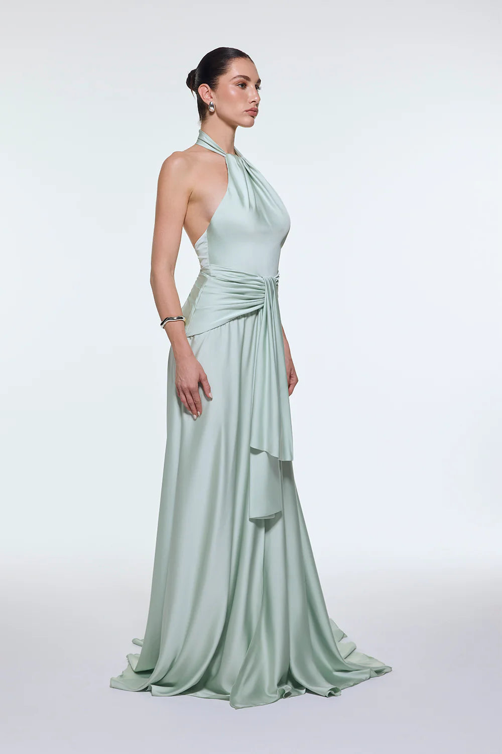 BOYUNDAN ASKILI BEL DRAPE DETAYLI UZUN ABİYE ELBİSE - 9253C