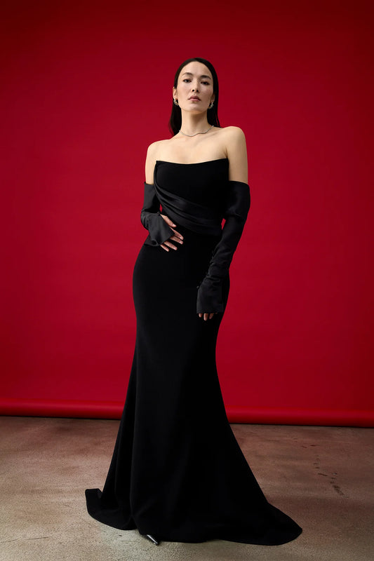 STRAPLEZ DRAPELİ ELDİVEN DETAYLI UZUN ABİYE ELBİSE 1257