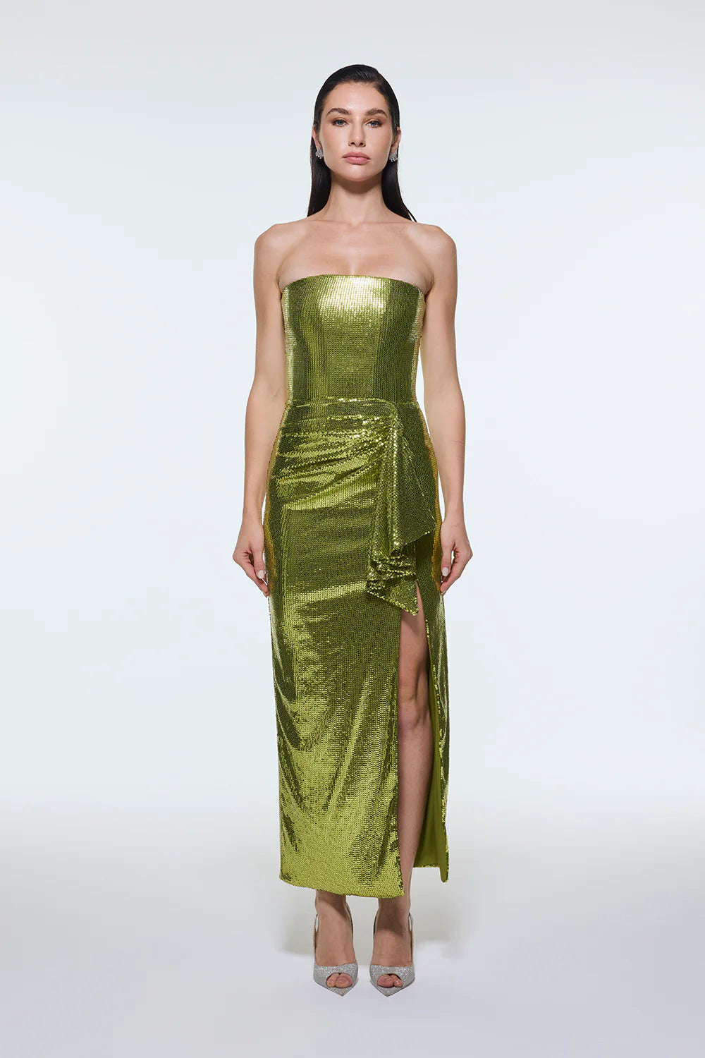 BEL ÖRTÜ DETAYLI STRAPLEZ MİDİ ABİYE ELBİSE - 9295C