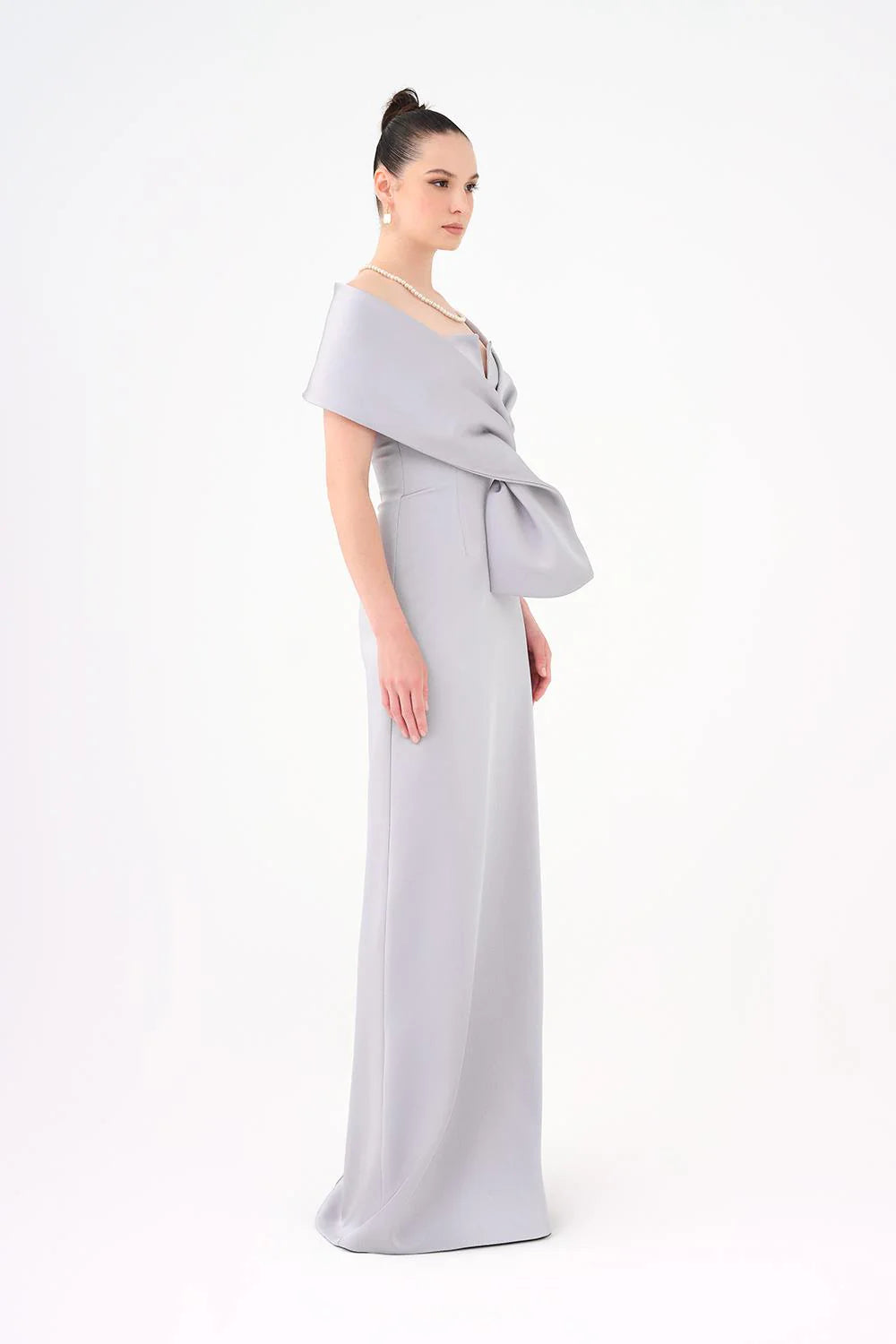 ŞALLI STRAPLEZ YAKA SATEN UZUN ABİYE ELBİSE - 9056C